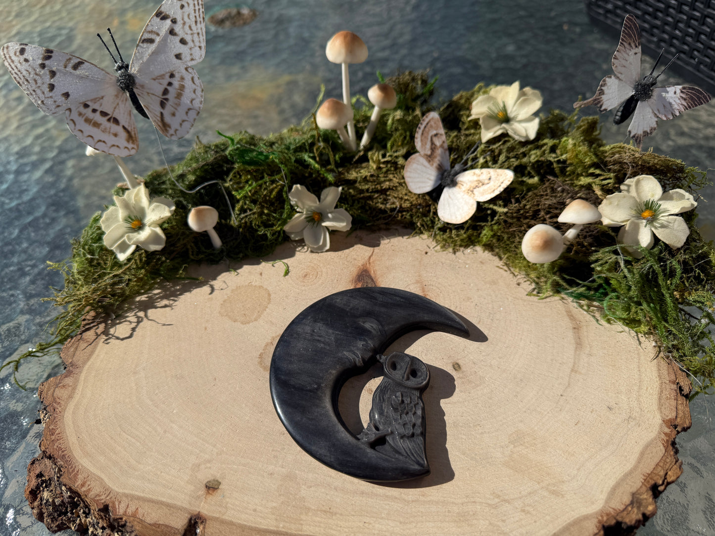 Silver sheen obsidian Moon and owl